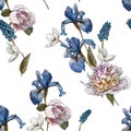 Floral seamless pattern with watercolor white peonies, anemones and blue irises