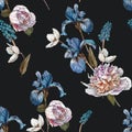 Floral seamless pattern with watercolor white peonies, anemones and blue irises Royalty Free Stock Photo