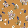 Floral seamless pattern with watercolor white peonies, anemones and muscari