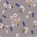 Floral seamless pattern with watercolor white peonies, anemones and muscari