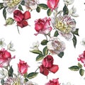 Floral seamless pattern with watercolor white peonies, anemones, red and pink roses