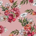 Floral seamless pattern with watercolor white peonies, anemones, red roses and tulips Royalty Free Stock Photo