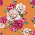 Floral seamless pattern with watercolor roses and leaves