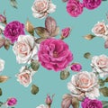 Floral seamless pattern with watercolor white and violet roses