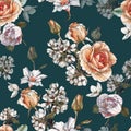 Floral seamless pattern with watercolor yellow roses, penies and white flowers Royalty Free Stock Photo