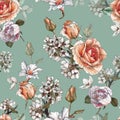 Floral seamless pattern with watercolor yellow roses, penies and white flowers Royalty Free Stock Photo