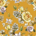 Floral seamless pattern with watercolor yellow roses, penies and white flowers Royalty Free Stock Photo