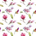 Floral seamless pattern with white Anise magnolia flowers, leaves and petals on white background. Pastel vintage theme