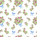 Floral seamless pattern. White background with flowers bouquet, floral branches and bow. Simple hand drawn cute backdrop. Vector