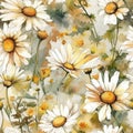 Floral seamless pattern of white chamomile daisy flowers. AI generated watercolor illustration digital art. Fabric print,
