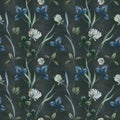 Floral seamless pattern with white clover flowers, leaves and grass on a black background.Hand painted with watercolors