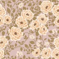 Floral Seamless Pattern of White Flowers and Beige Leaves on Pale Dogwood Back in Chinoiserie Style