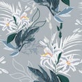 Floral Seamless Pattern with white lilies flowers and exotic leaves. Royalty Free Stock Photo