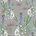 Floral seamless pattern with wild violet bels flowers branch, herbs, grasses, fern.