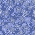 Floral seamless pattern with winter motifs. Beautiful linear white flowers on blue background. Frost patterns