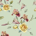 Floral seamless pattern with yellow roses, lilies, irises and anemones Royalty Free Stock Photo