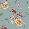 Floral seamless pattern with yellow roses, lilies, irises and anemones