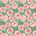 Floral Seamless Patterns From Rose, Buds, Leaves. Watercolor Painting, Flowers On Green Background