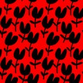 Floral seamless red backdrop with hand drawn repeat black tulips