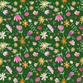 Floral seamless summer pattern. Naive style. Dark green square background.