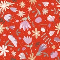 Floral seamless summer pattern. Naive style. Orange square background.