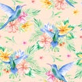 Floral seamless tropical pattern, summer background with exotic flowers, palm leaves, jungle leaf, orchid flower and Royalty Free Stock Photo