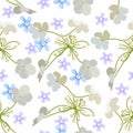 Floral seamless vector pattern of gentle purple beige and light blue small flowers on a white background for design of fabric, Royalty Free Stock Photo