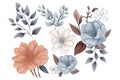 Floral set of hand drawn flowers. Botanical line art wallpaper with flowers, branches eaves. Pastel watercolor floral