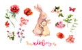 Floral set for Mother`s day: mom rabbit embracing her little kid, red and pink flowers poppies, cherry blossom