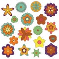 Floral Set in Retro 1970 Peace Style. Collection of Floral Seventies Elements. Groovy Flowers. Trendy 70s. Royalty Free Stock Photo