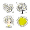 Floral set - tree, girl, heart, frame for your design