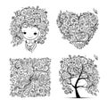 Floral set - tree, girl, heart, frame for your design