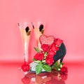 Floral Shoe Centerpiece with Glasses of Champagne for Valentine`s Day Royalty Free Stock Photo