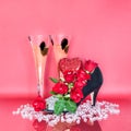 Floral Shoe Centerpiece with Glasses of Champagne for Valentine`s Day Royalty Free Stock Photo