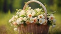 Floral shop concept . Wicker basket with white bouquet for wedding