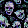 Floral skulls with flowers. Seamless pattern. Watercolor
