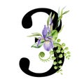 Floral spring alphabet. Number 3. Font element with spring garden flower bouquets composition. Flower number three Royalty Free Stock Photo