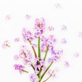 Floral spring bouquet with pink flowers on white background. Flat lay, top view. Valentines day Royalty Free Stock Photo