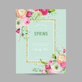 Floral Spring Design Template with Golden Frame for Wedding Invitation, Greeting Card, Sale Banner, Poster, Placard Royalty Free Stock Photo