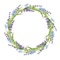 Floral spring easter wreath watercolor illustration. Elegant spring and summer round rustic decor of lavender, forget-me
