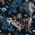 Floral spring garden seamless pattern. Birds on almond branches dark background design. Great tit with blooming twigs, nuts, Royalty Free Stock Photo