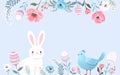 Floral spring horizontal banner. Bee, flowers, plants, cute bunnies, birds and Easter eggs in pastel colors Royalty Free Stock Photo