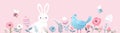 Floral spring horizontal banner. Bee, flowers, plants, cute bunnies, birds and rabbits in pastel colors Royalty Free Stock Photo