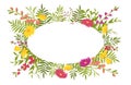 Floral spring oval frame, summer flowers and green foliage decor