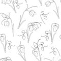 Floral spring seamless pattern. Tulip flowers black outline on white background. Stem, leaves, blossom, buds. Royalty Free Stock Photo