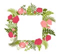 Floral spring square frame, roses and garden greenery theme
