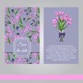 Floral spring templates of hand drawn pink tulips and violet irises. Elements for romantic design, announcements, greeting cards.