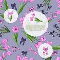 Floral spring templates of hand drawn pink tulips and violet irises.