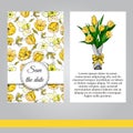 Floral spring templates of hand drawn yellow tulips, narcissus and mimosa flowers. Elements and bouquet for romantic design,