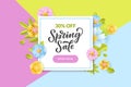 Floral spring white frame on colorful background. Vector discount and sale banner, flyer, poster template